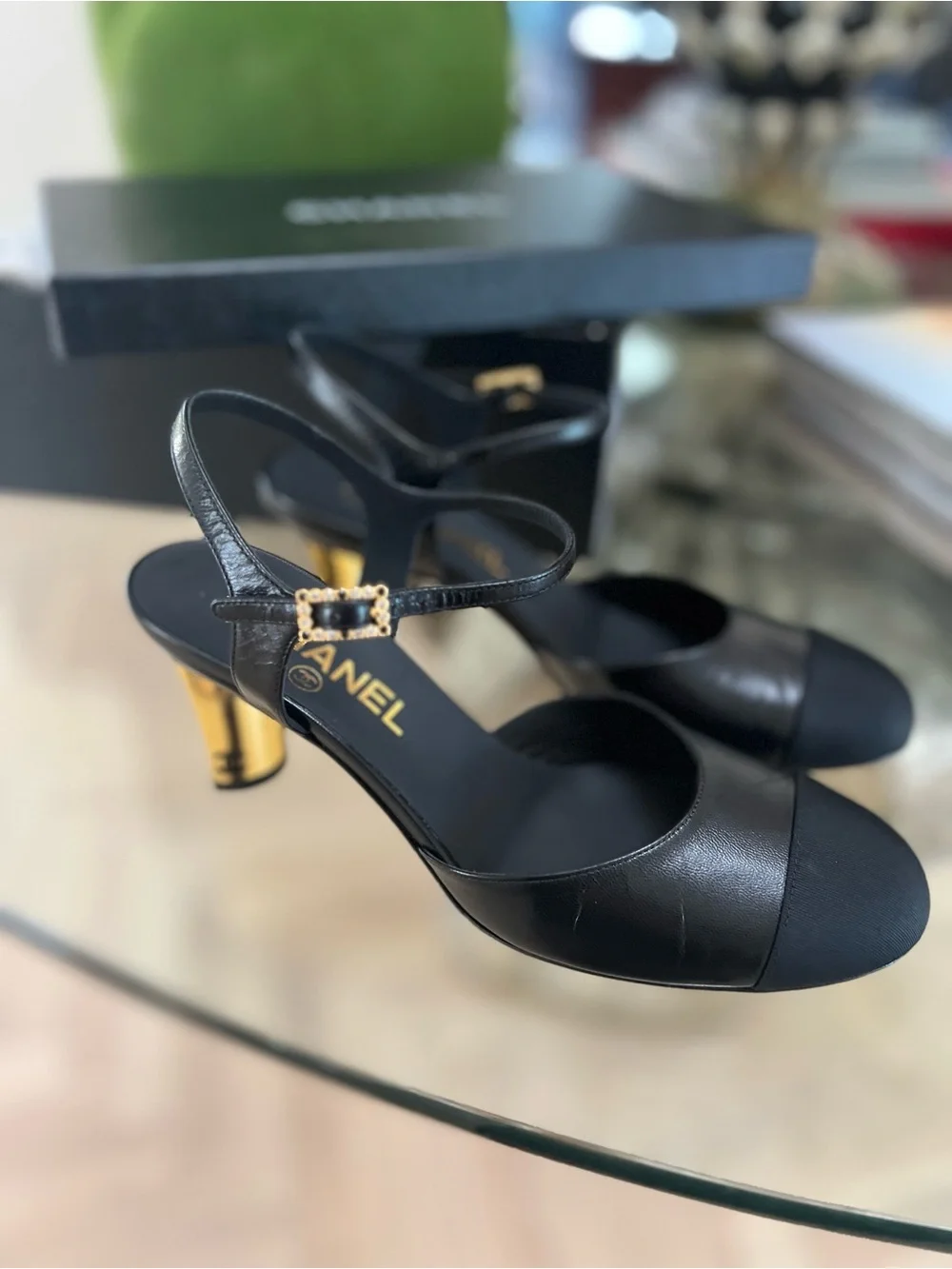 CHANEL Black Leather & Fabric Cap-Toe Slingback Mules